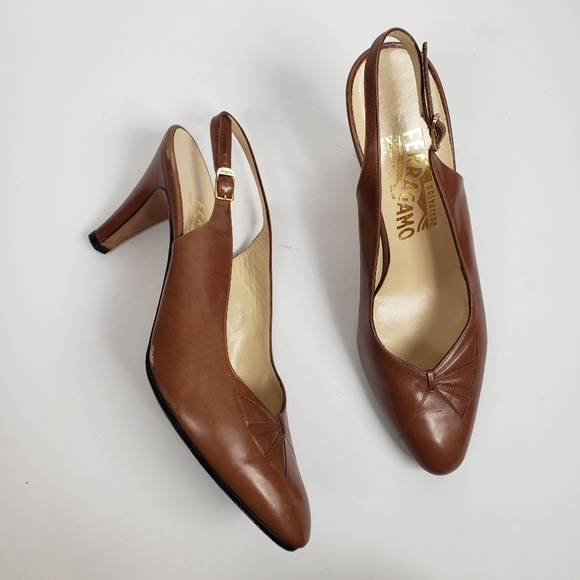 Ferragamo Cognac Brown Leather Slingback Heels 7.5 - Picture 7 of 16